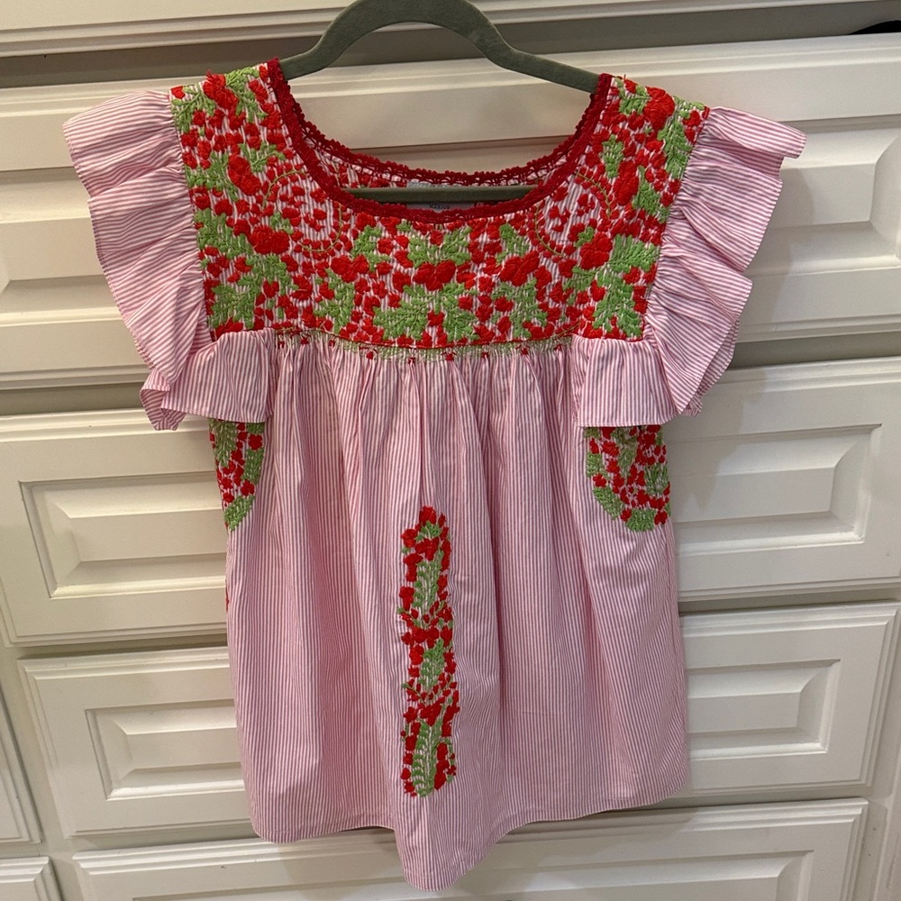 Mi Golondrina Soledad Pink Stripe, Red and Green Embroidered Blouse, Medium